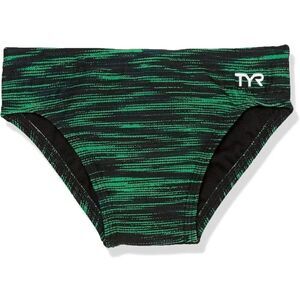 New TYR Boys' Durafast Elite Racer Brief Swimsuit Black Green Fizzy Print 24 / 8